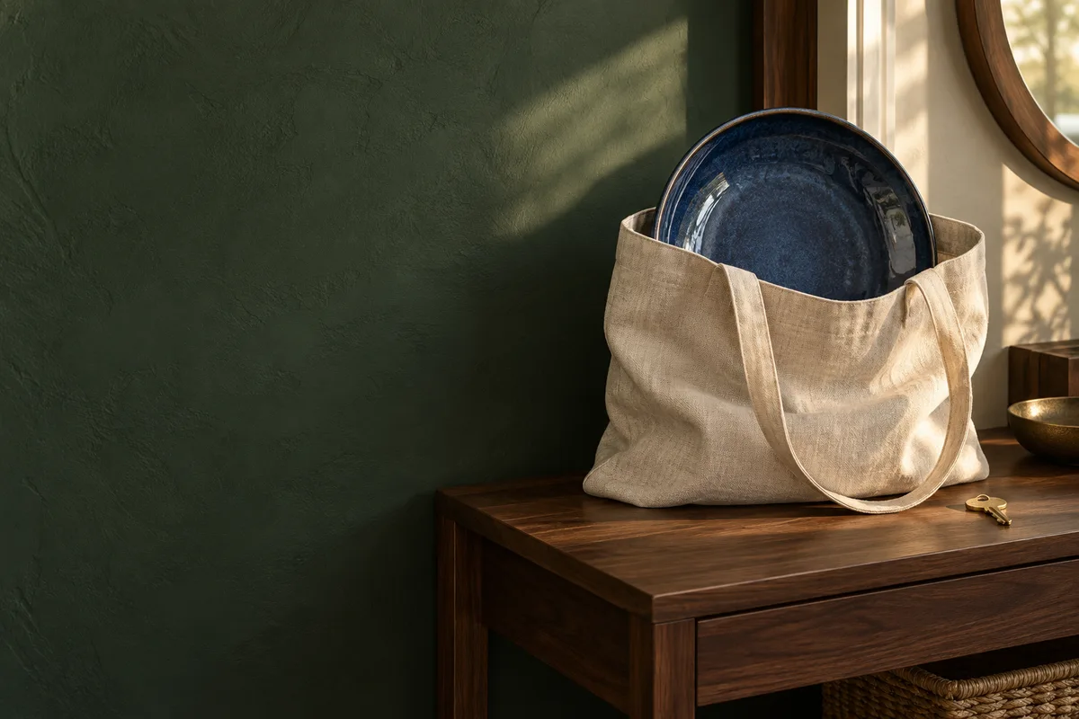 A blue serving dish in a linen tote on a walnut console