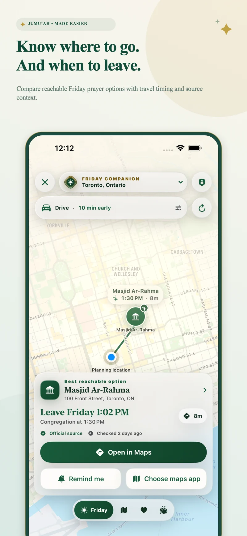 Friday Companion with a masjid route and suggested departure time
