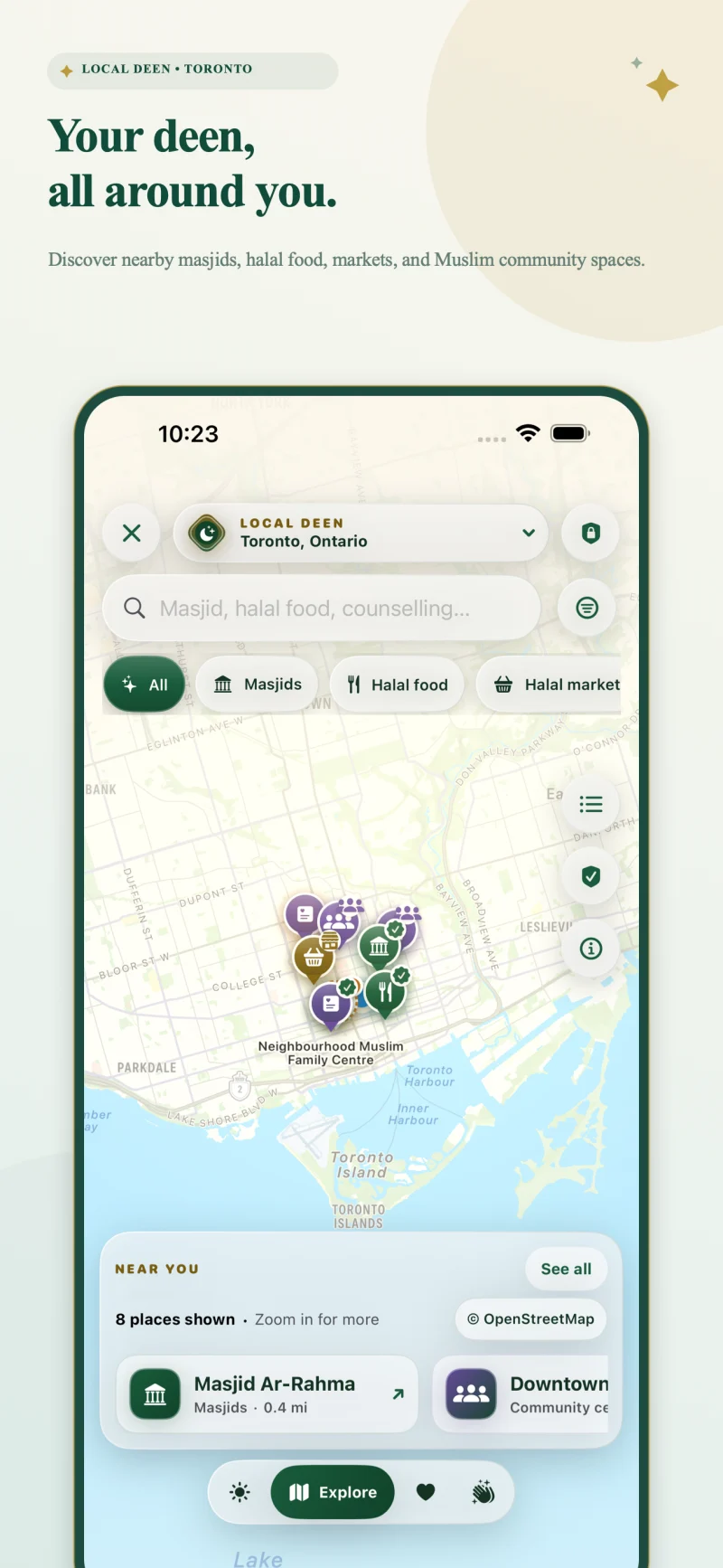 Local Deen map for nearby masjids, halal food, markets, and community spaces