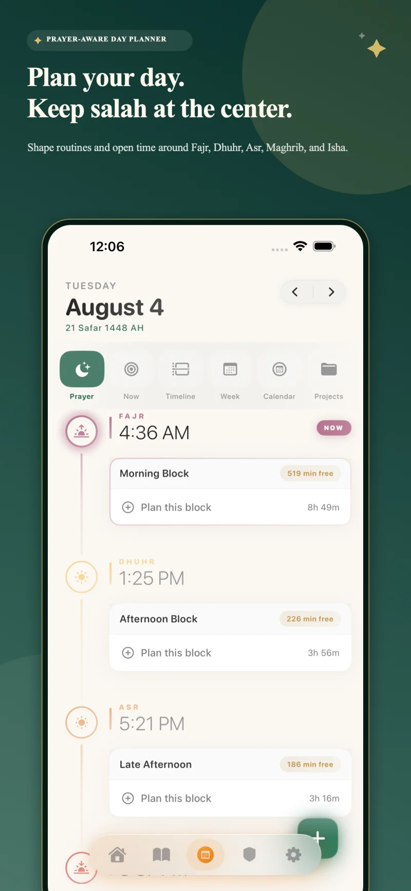 A daily schedule arranged around Fajr, Dhuhr, Asr, Maghrib, and Isha
