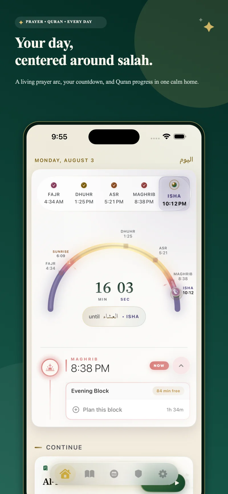 Deen Over Dunya prayer visualization showing the five daily prayers